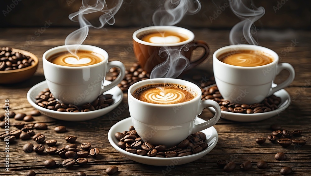 Poster Four steaming cups of coffee on a rustic wooden surface surrounded by coffee beans with space for text or design in soft warm tones.