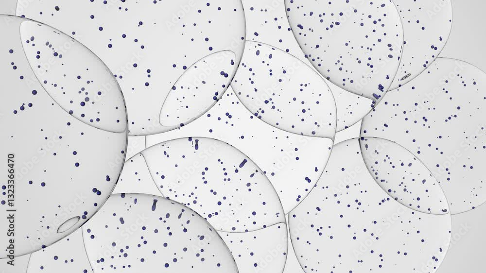 Poster minimal 3d animation of transparent molecular cells with blue bubbles – seamless loop ideal for cosm