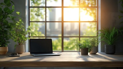 Modern office with minimalist desk, laptop, and plant, cityscape backdrop, soft daylight, professional and inviting ambiance