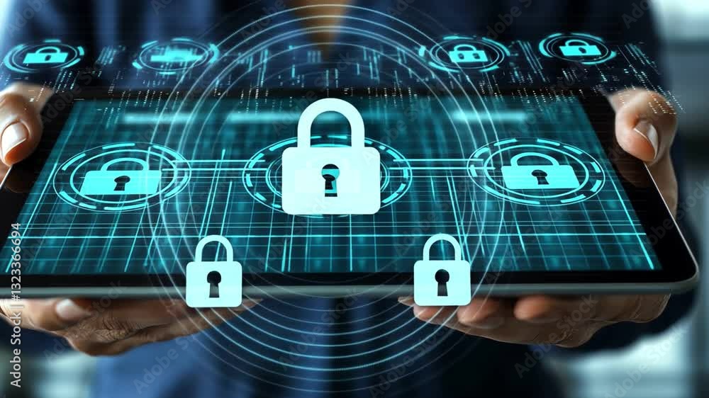 Poster secure digital technology protecting data with padlocks on tablet screens for enhanced security