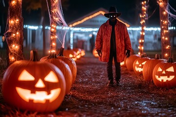 A scary figure stands between illuminated pumpkins on Halloween night
