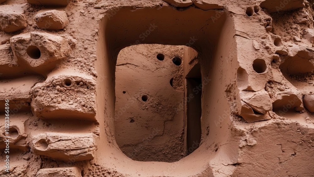 Poster textured clay wall with a rectangular opening showcasing natural imperfections and earthy tones, fra