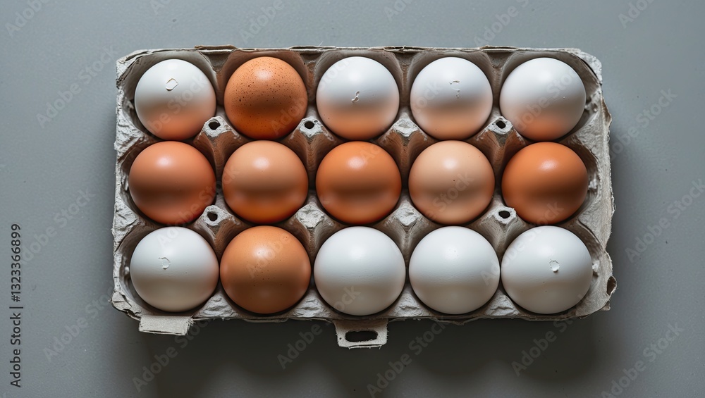 Poster Carton of assorted chicken eggs in light brown and white colors arranged neatly on a gray pastel background showcasing natural textures and patterns.