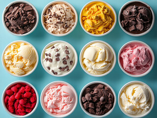 Assorted ice cream flavors in colorful bowls
