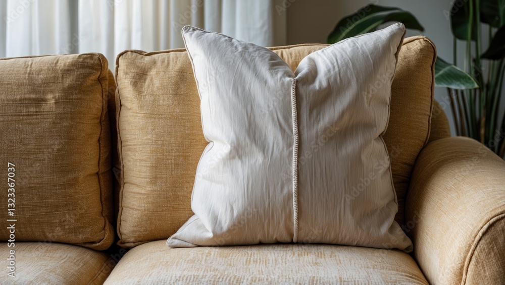 Aufkleber Close-up of a light beige sofa with a soft cream pillow centered, featuring soft textures and natural light for an inviting interior design feel.