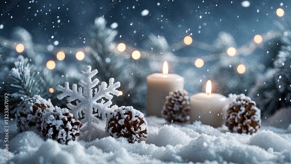Poster cozy winter scene featuring candles and pine cones on soft snow with falling snowflakes and twinklin