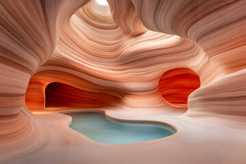 A serene, natural interior with flowing sandstone walls and a tranquil pool