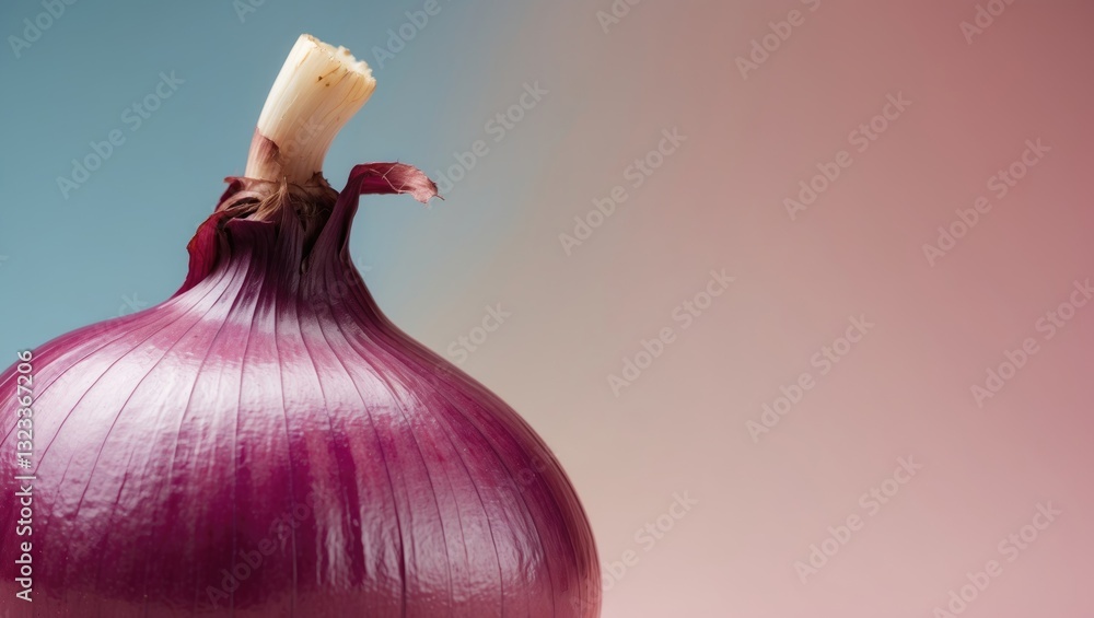 Poster Close-up of a vibrant red onion positioned to the right against a soft pastel blue and pink gradient background creating a smooth visual contrast.