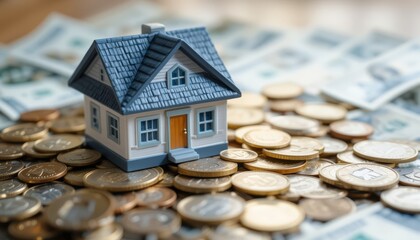 House Model on Coins & Dollar Bills - Real Estate