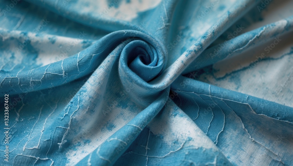 Poster turquoise blue fabric with swirling folds and textured patterns, showcasing intricate details and a 