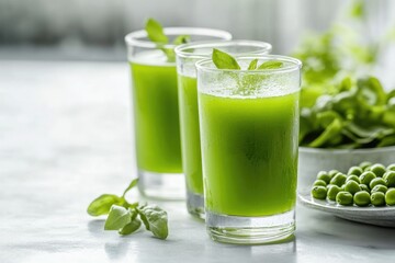 Two glasses with a healthy drink and a bowl of peas on the table