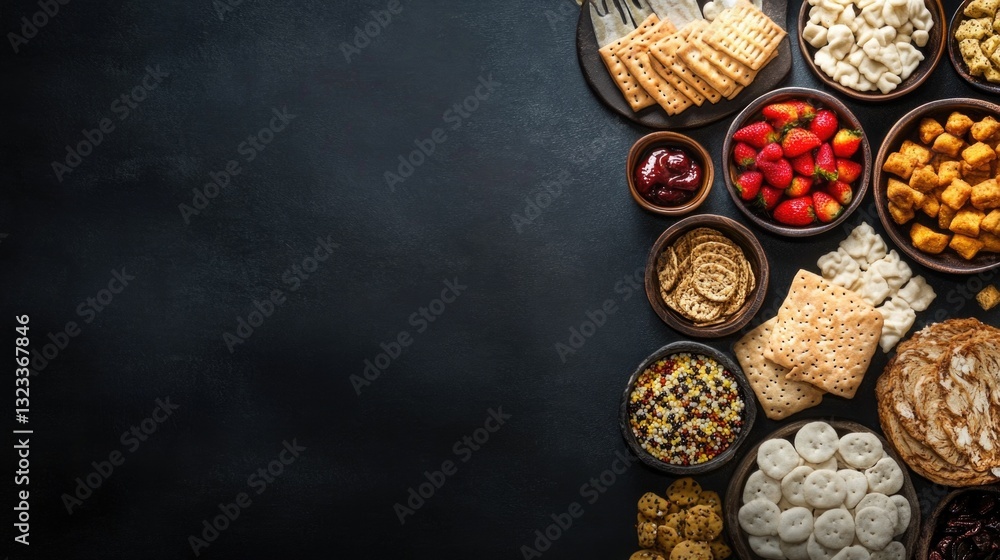 Poster A black table topped with various types of food for serving and entertaining