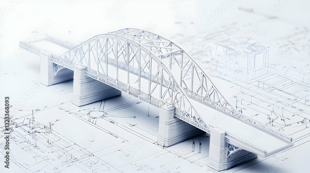 Poster isometric view of white pixelated bridge design structure against white background showing architect