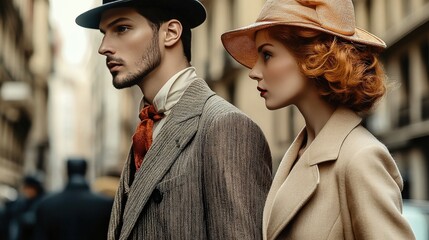 Stylish couple from a bygone era, exuding sophistication while walking together in a bustling city, evoking a sense of timeless romance and elegance.
