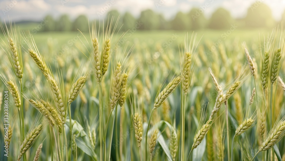 Poster golden barley field under soft sunlight with blurry green tree line in background, tall ears of grai
