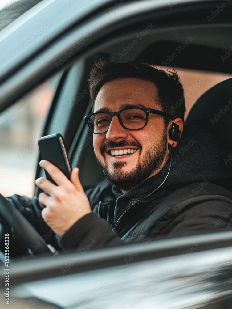 Poster a person sitting in a vehicle checking their mobile device