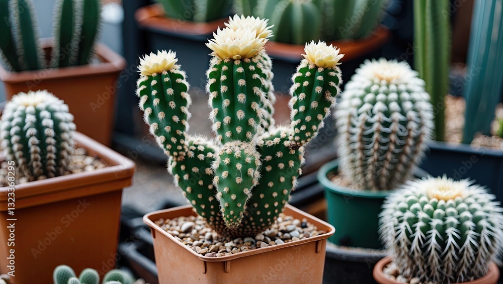 Poster assorted potted cacti with vibrant green colors and yellow flowers prominently displayed in brown co