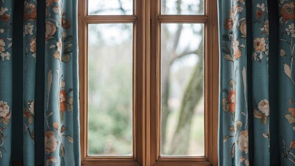 Elegant close-up of a wooden window with floral blue curtains framing a serene outdoor view, featuring soft natural light and greenery outside.