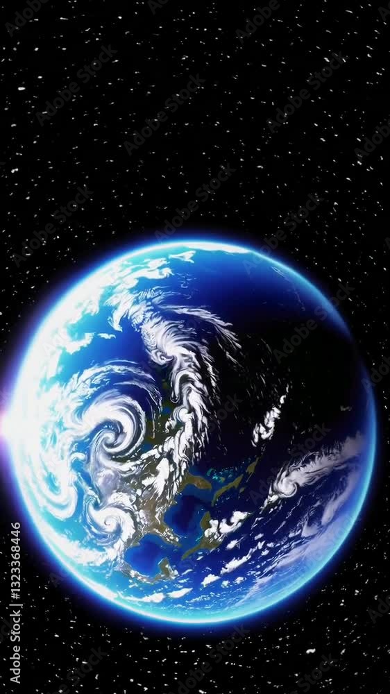 Poster rotating earth with dynamic cloud formations against a starstudded space background