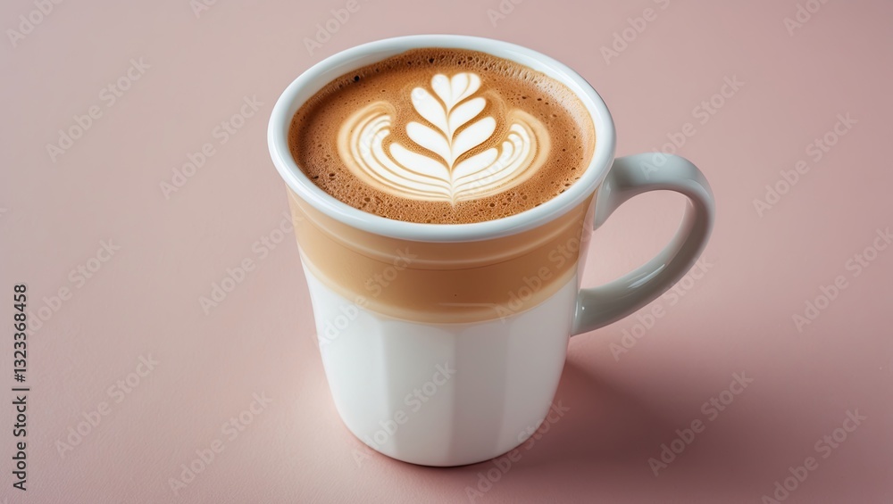 Poster coffee latte art in a white mug with brown handle against a soft pink background. creamy foam leaf d