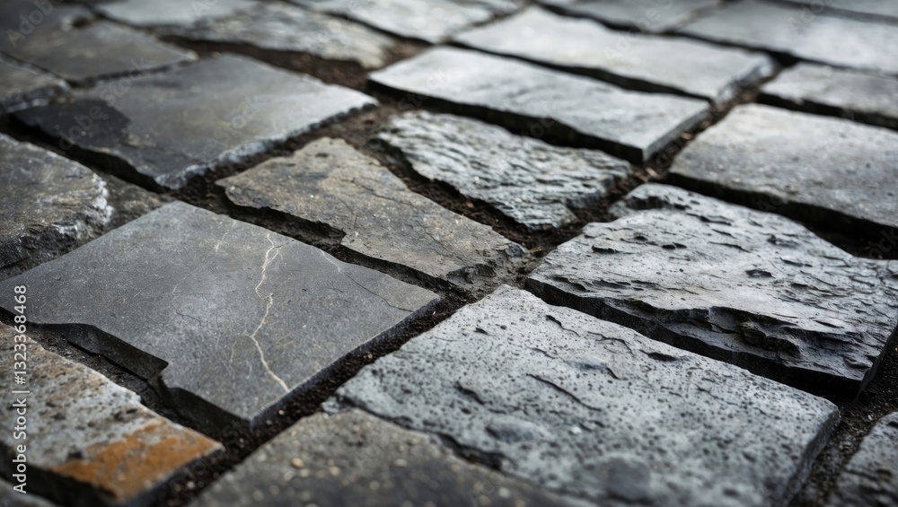 Poster close-up view of weathered dark grey stone tiles with cracked textures arranged irregularly on a gro