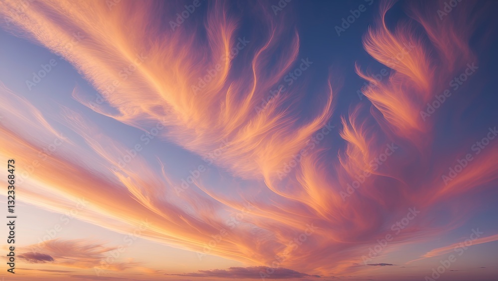 Poster colorful wispy clouds in warm sunset hues of pink and orange against a deep blue sky, creating an ab
