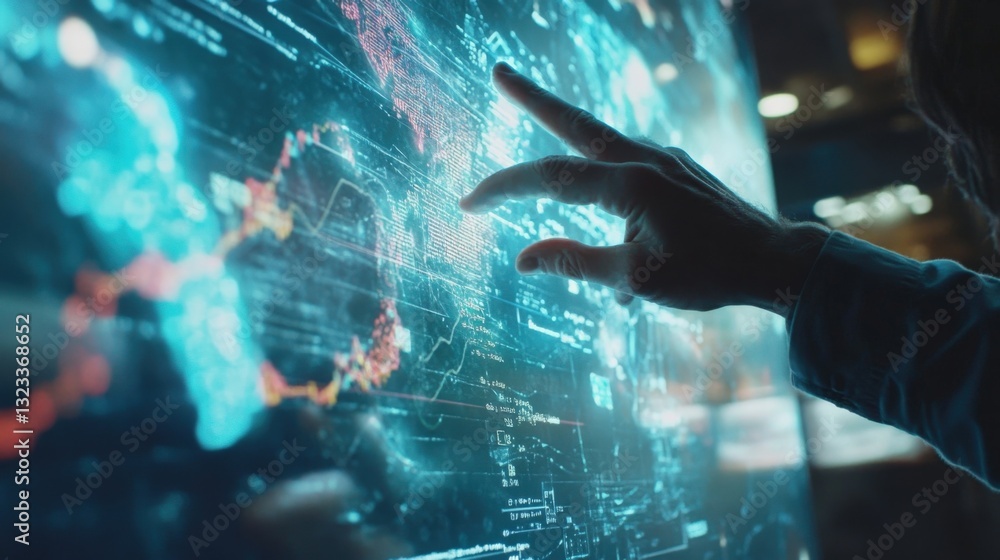 Poster businessman interacting with a futuristic touchscreen featuring a dynamic global map and data visual