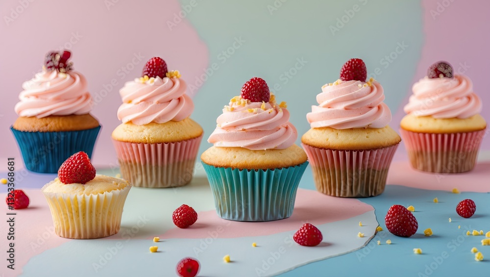 Poster Cupcakes with pink frosting and raspberries on a pastel blue and pink background arranged in a row with scattered raspberries for a playful look