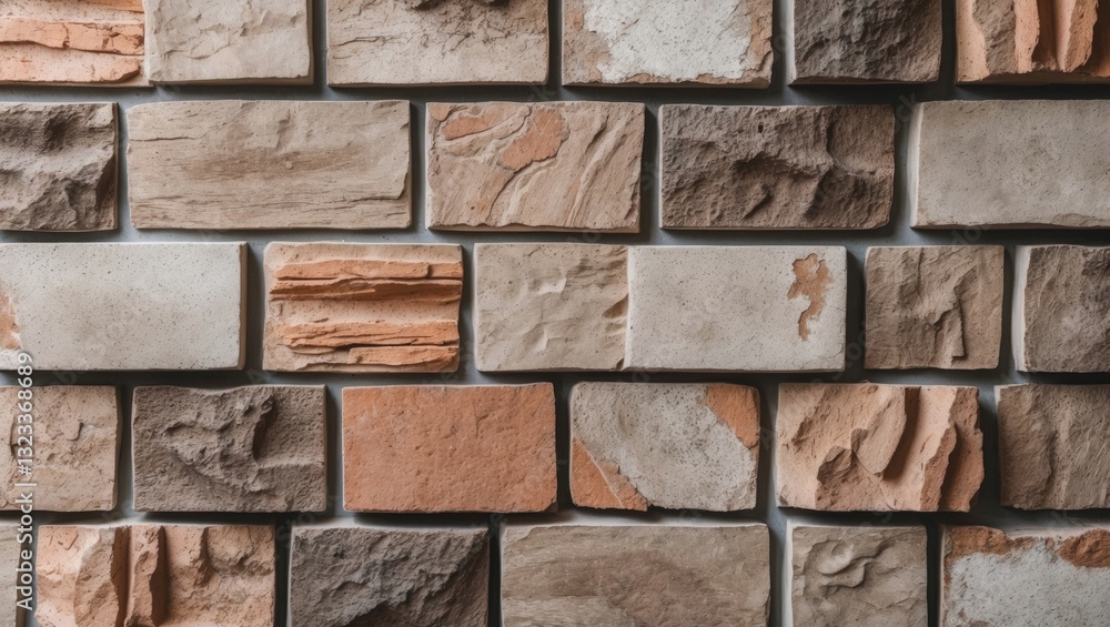 Fototapete Textured stone wall with warm beige and rust colors, featuring rectangular stones in varying sizes, creating a rustic, natural appearance.
