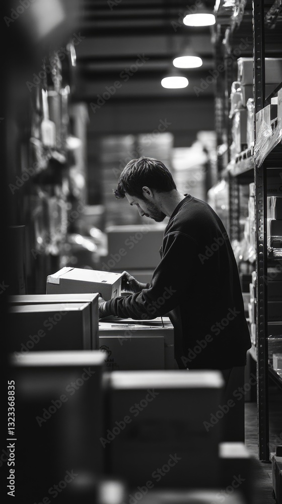 Poster a person handling boxes in a storage facility