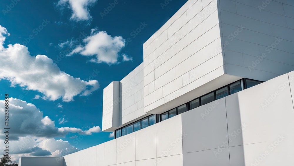 Poster modern architectural facade with large white geometric shapes under a bright blue sky with fluffy wh