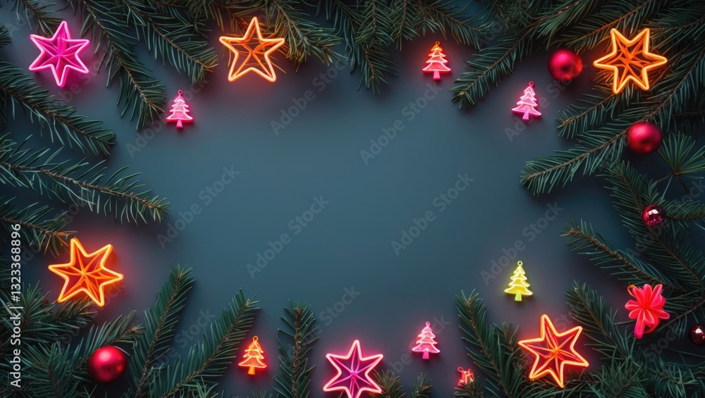 Aufkleber vibrant flat lay of festive pine branches with neon pink and orange star and tree decorations on dar