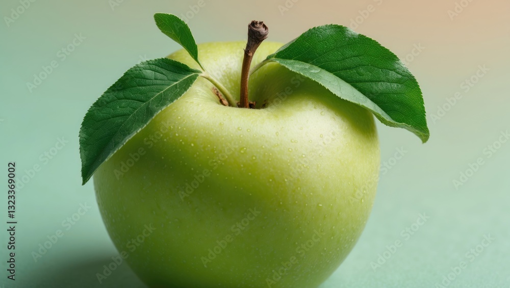 Poster close-up of a fresh green apple with two leaves on top against a soft pastel gradient background fea