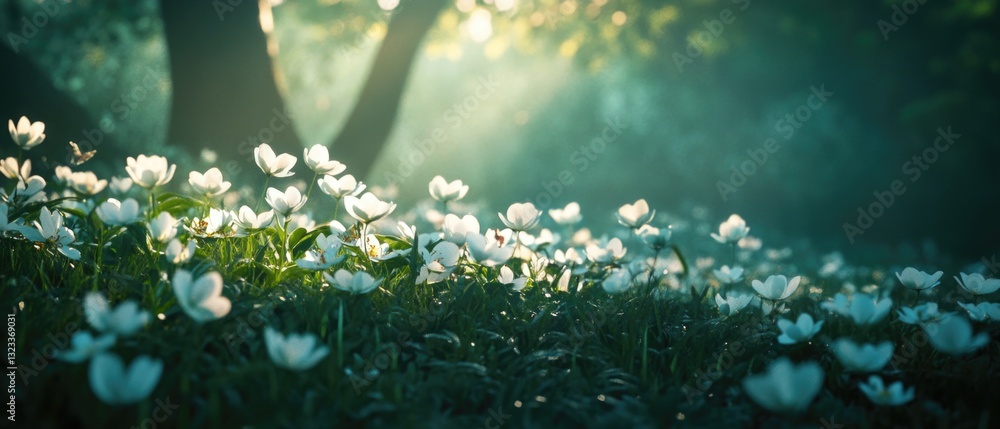 Poster a picturesque scene with a field of white flowers and a tree in the background