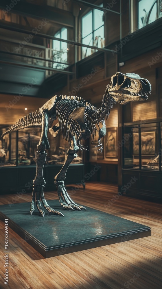 Poster a fossilized t-rex skeleton on display in a museum, great for educational or science-themed projects