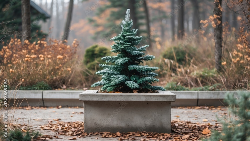 Poster decorative pine tree centered in a concrete flower cube surrounded by autumn foliage and blurred gre