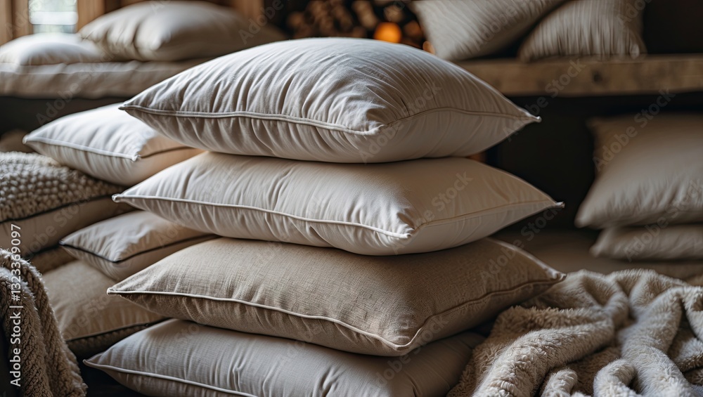 Poster Soft beige pillows stacked neatly on a textured blanket in a warm cozy room with soft lighting and blurred background, creating a serene atmosphere.
