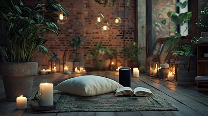 Serene Evening Candles Plants Smart Speaker and Book on Rustic Floor