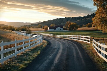 Fototapeta premium Rural Farm Landscape at Sunrise with White Fence and Winding Road