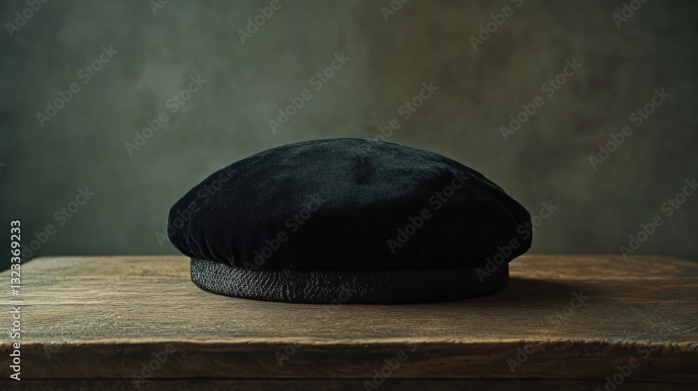 Poster a single black hat resting on a wooden table, perfect for adding a touch of mystery to your scene or