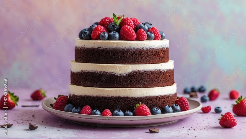 Poster layered chocolate cake with cream frosting topped with fresh strawberries and blueberries on a round