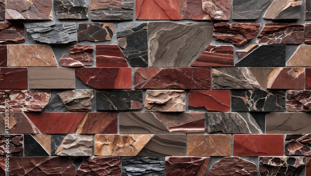 Leinwandbilder Brown and red slate marble split face mosaic design featuring irregular tile patterns against a textured brick wall background in muted tones