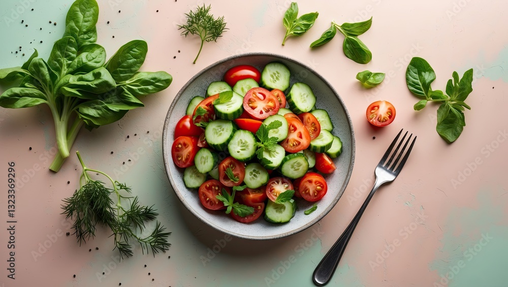 Poster fresh cucumber and tomato salad in a gray bowl with a fork on a pastel teal and peach background, ga