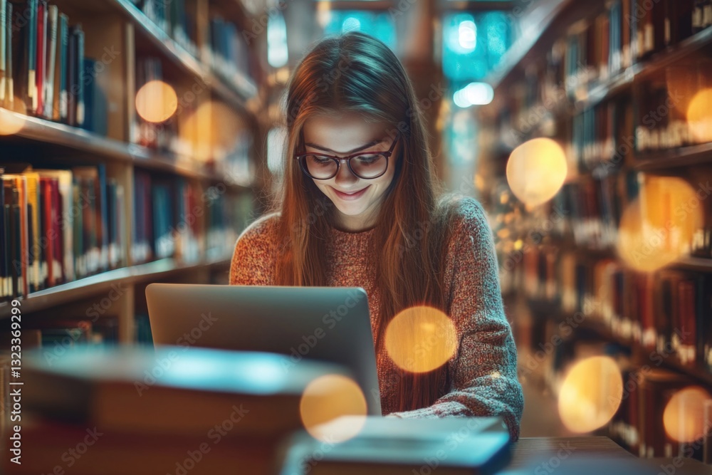Poster a person working on a laptop in a quiet library setting, ideal for educational or office use
