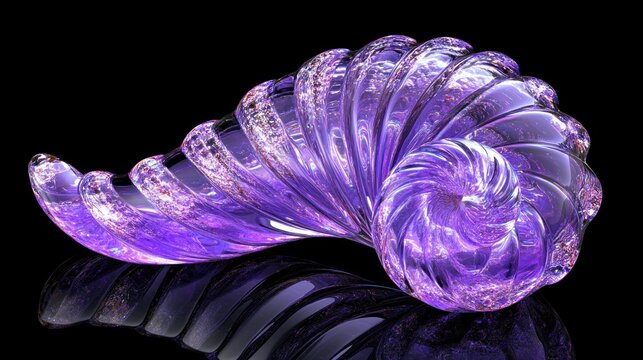 Purple glass spiral shell sculpture on black background.
