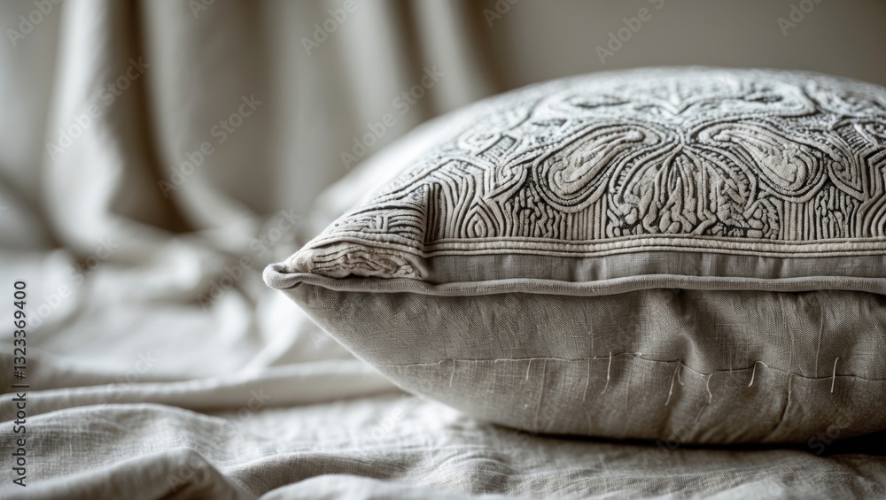 Poster elegant close-up of a textured decorative throw pillow in neutral tones placed on a soft, draped fab