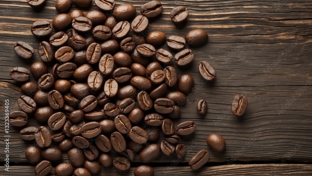 Poster dark roasted coffee beans scattered on a textured brown wooden background with ample copyspace on th