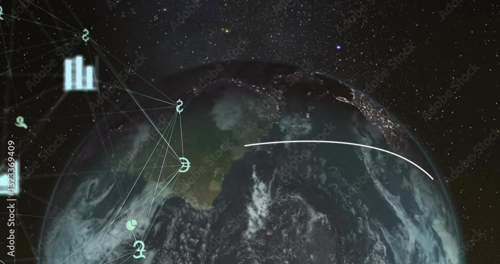 Poster earth from space with data graphs and network connections animation overlay