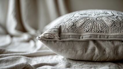 Elegant close-up of a textured decorative throw pillow in neutral tones placed on a soft, draped fabric background with intricate patterns and shadows.