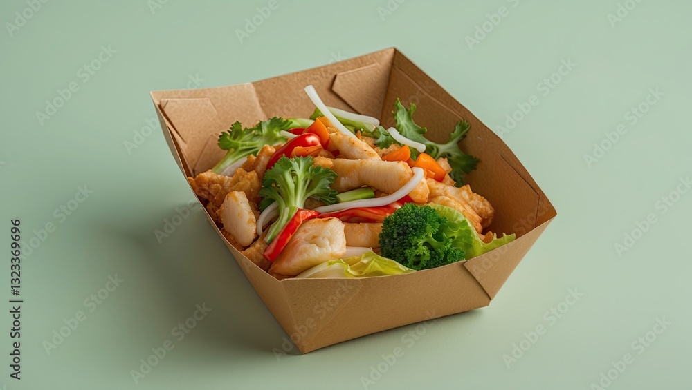 Aufkleber brown paper food tray filled with colorful stir-fried vegetables on a soft green background with a s